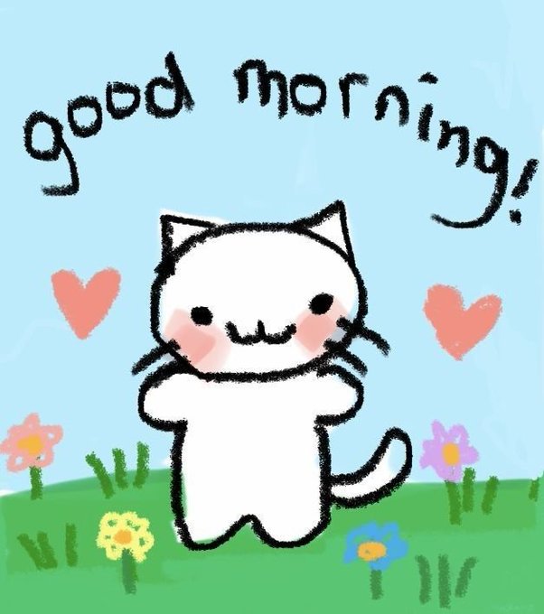 A cute illustration of a smiling white cat character standing on green grass with colorful flowers, accompanied by the text 'good morning!' and pink hearts on a light blue background.