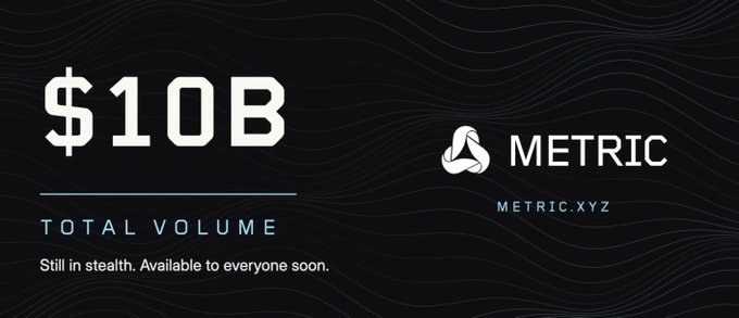 A dark promotional banner for Metric (metric.xyz) showcases "$10B TOTAL VOLUME" on the left alongside the Metric logo and tagline "Still in stealth. Available to everyone soon." The image highlights the decentralized exchange's impressive trading milestone while encouraging early access sign-ups.