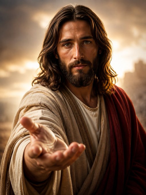 Realistic painting of Jesus with long brown hair and a beard, wearing a white robe with a red sash, reaching out his hand against a golden cloudy sky background.