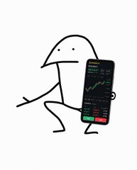 A simple line drawing of a stick figure holding a smartphone displaying a trading app with charts and numbers.