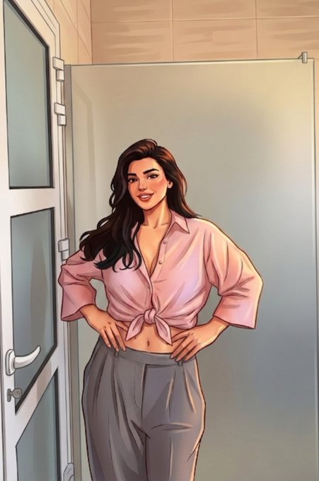 A digital illustration depicts a smiling woman with long brown hair wearing a tied pink shirt and gray pants, standing in a doorway.