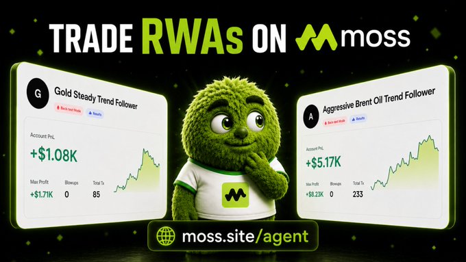 The image features a cartoon-like green robot wearing a white shirt with the word "RWE" across the chest, standing next to two computer monitors displaying graphs and text. The robots are situated in a dark room, suggesting that they are part of an automated trading system or a trading robot. The background contains the text "Trade RWA's on Moss", indicating that the image is related to trading activities involving RWA (Real-Time Exchange-Traded Assets) or a mossy theme within the trading world.