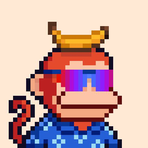 A pixelated portrait of a character with a red beard, orange horns, and purple sunglasses, wearing blue overalls against a beige background.