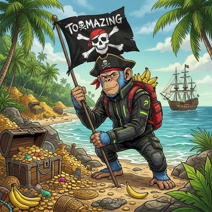 A cartoon illustration of a pirate chimpanzee wearing a black jacket and red backpack, holding a 'TO MAZING' flag with a skull, standing on a beach with treasure chests and a pirate ship in the background.