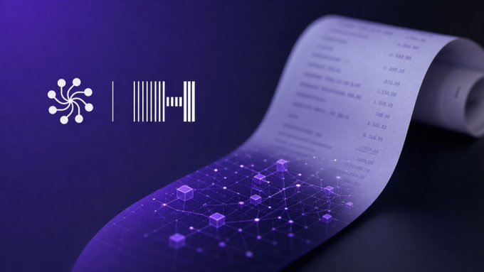 A purple graphic showing logos, a barcode, and a stylized receipt/document, with the text '1.000.00' visible on the paper.