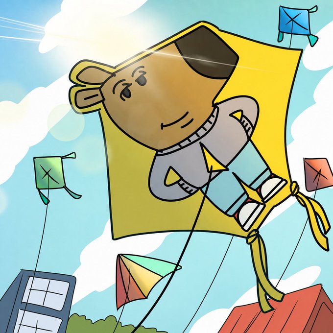 A cartoon illustration of a child in a yellow shirt flying a yellow kite in a blue sky, with other smaller kites and buildings below.