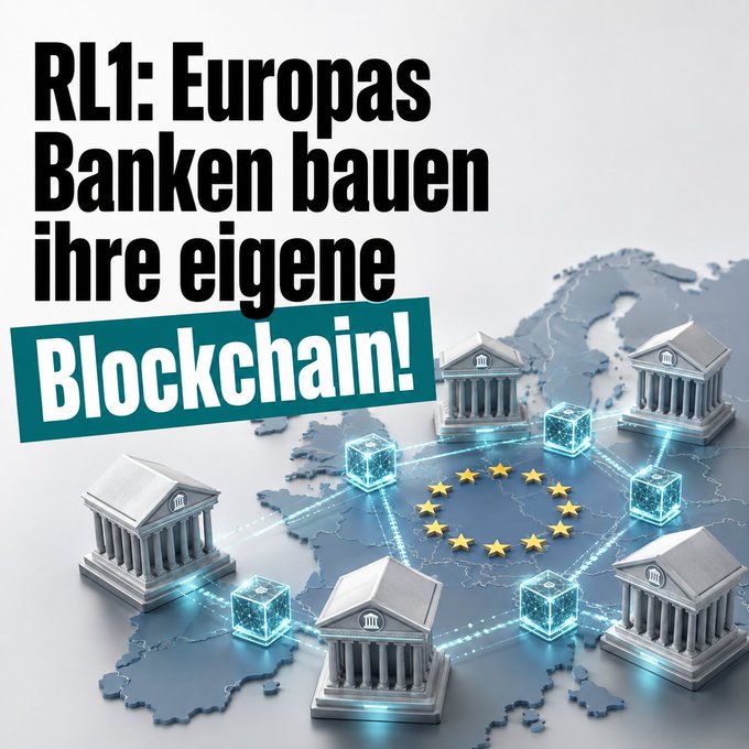 A promotional graphic titled "RL1: Europas Banken bauen ihre eigene Blockchain!" (Europe's banks are building their own blockchain), depicting bank buildings connected by glowing blockchain cubes over a map of Europe.