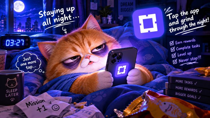 A promotional graphic of a tired-looking cat in bed holding a smartphone, with text encouraging users to 'Tap the app and grind through the night!' to earn rewards and complete tasks.