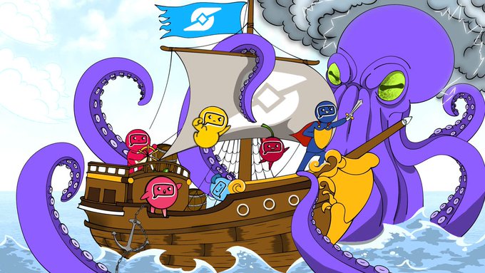 A cartoon illustration depicting a wooden pirate ship sailing on the ocean with a giant purple octopus, featuring small character mascots and a blue flag with a logo.