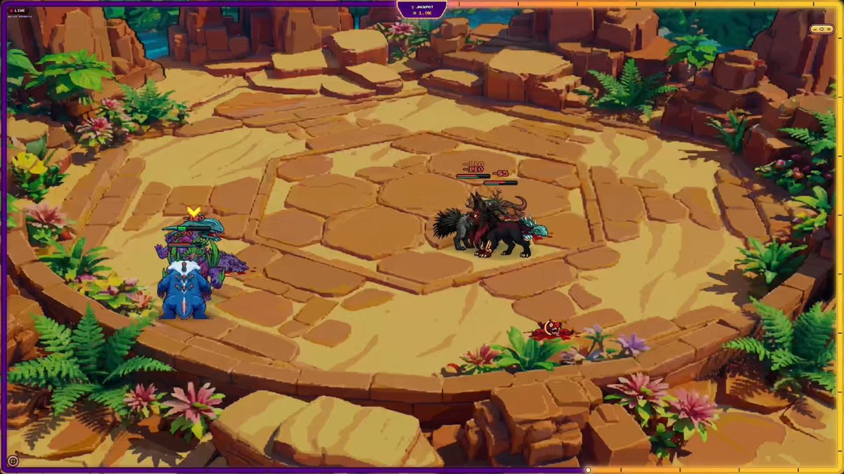The image features two people standing at opposite ends of a large, circular rock formation or "beams" with a rocky surface surrounding them. The person on one end is wearing a blue outfit, while the other person has a black outfit. They are both facing each other across the beams. On the bottom right corner, there's a post with text related to the game, specifically discussing the Jackpot Beam and its gameplay mechanics. The main focus of this image seems to be on the Jackpot Beam and how the players interact within it, rather than providing information about the game itself or its rules.