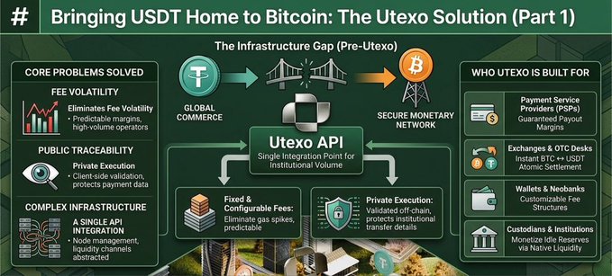 The image is an infographic titled "Bringing USDT Home to Bitcoin: The Utexo Solution (Part 1)" that illustrates how Utexo bridges the infrastructure gap by connecting Tether's global commerce network to Bitcoin's secure monetary network through a single API. It highlights core problems solved (fee volatility, public traceability, and complex infrastructure) using fixed fees, private execution, and a unified integration point, while identifying target users like PSPs, exchanges, wallets, neobanks, and custodians. The diagram visually supports the post's theme by showing how Utexo enables USDT stablecoin payments to flow onto Bitcoin, overcoming the historical barriers of high fees, slow finality, and congestion.