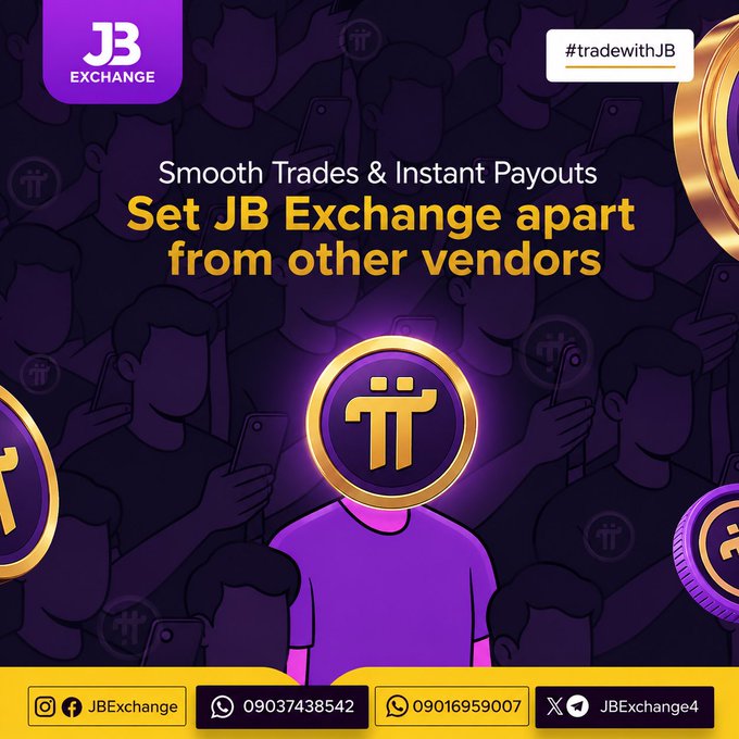 A promotional advertisement for 'JB Exchange' featuring a purple and gold color scheme, the tagline 'Smooth Trades & Instant Payouts - Set JB Exchange apart from other vendors,' with contact info including phone numbers 09037438542 and 09016959007, and social media handles.