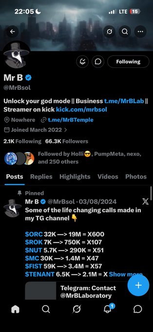 A screenshot of an X (Twitter) profile for "Mr B (@MrBsol)" with a blue checkmark, showing a pinned post about crypto calls including tokens like $ORC, $ROK, $NUT, $MC, $FIST, and $TENANT.
