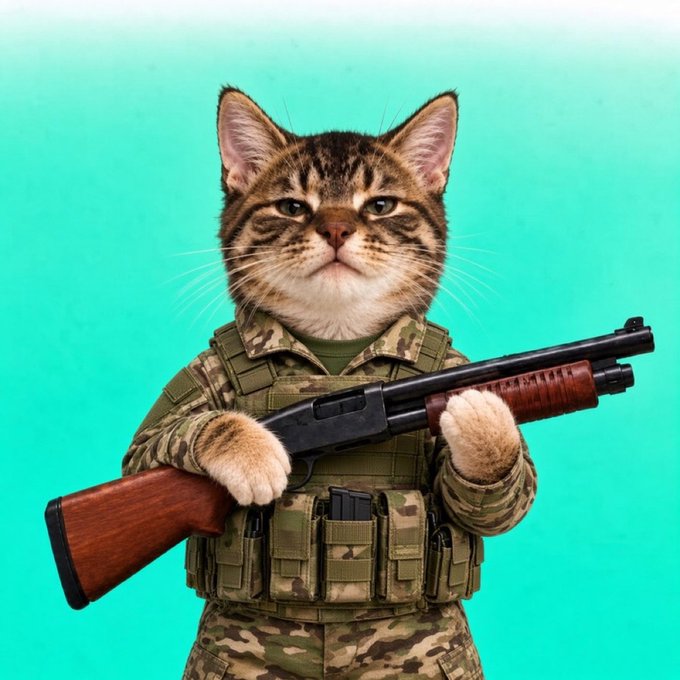 A humorous image of a tabby cat's head composited onto a body wearing military camouflage and holding a shotgun against a turquoise background.