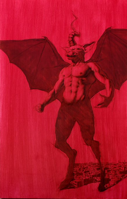 A menacing humanoid figure with bat-like wings, a gargoyle face, and a spiral horn stands against a vibrant red background, rendered in a sketchy, illustrative style.