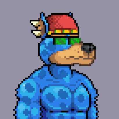 A pixel art illustration of a muscular anthropomorphic blue dog character wearing a red headband and green sunglasses.