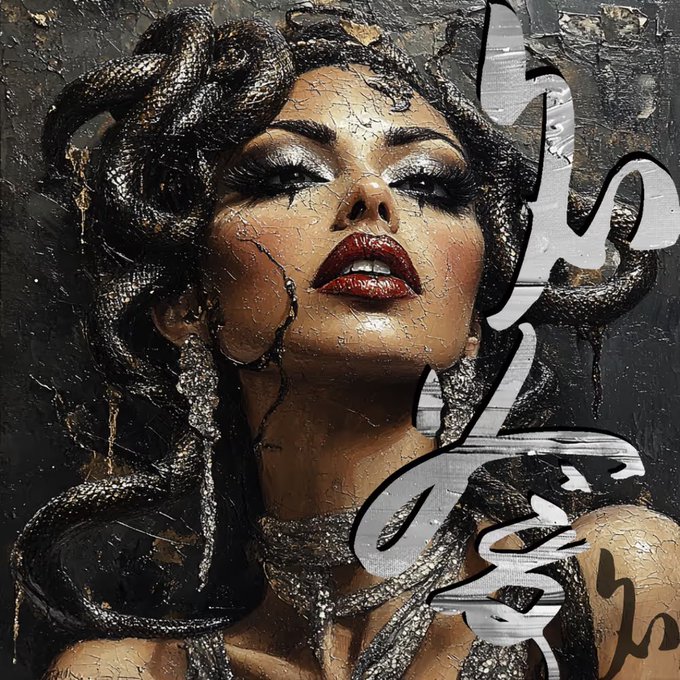 A stylized portrait artwork of a woman with snake-like hair, dramatic makeup, red lips, and silver jewelry, featuring white graffiti-style text on a dark cracked background.
