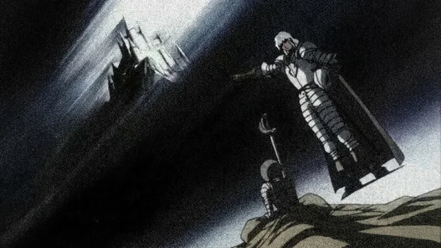 A dark fantasy illustration showing an armored figure standing over a smaller kneeling figure with a staff, while a dark castle looms in the background under dramatic lighting.