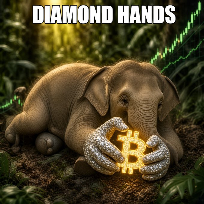 A baby elephant with diamond-covered hands clutches a glowing Bitcoin symbol, set against a jungle backdrop with a green stock chart and the text 'DIAMOND HANDS'.
