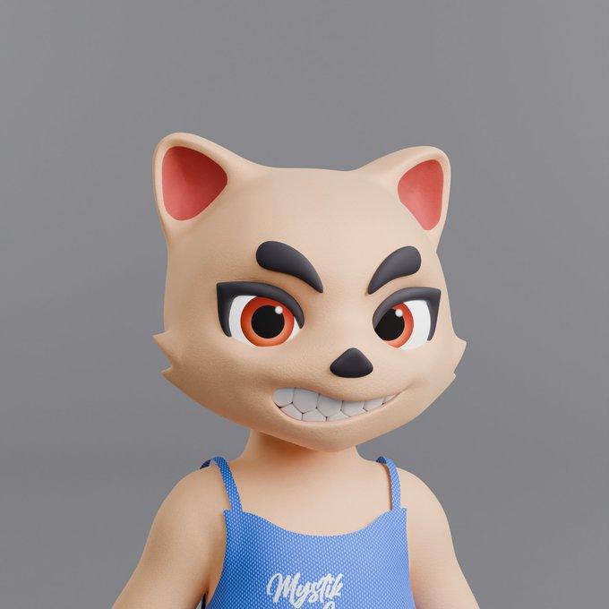 A 3D-rendered character with a cream-colored cat/fox-like head, sharp teeth, red eyes, and pink ears, wearing a blue tank top with the word 'Mystik' printed on it, against a gray background.