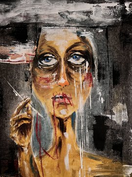 An expressive oil painting portrait of a figure with large blue eyes and dripping paint effects in yellow, brown, and black tones.