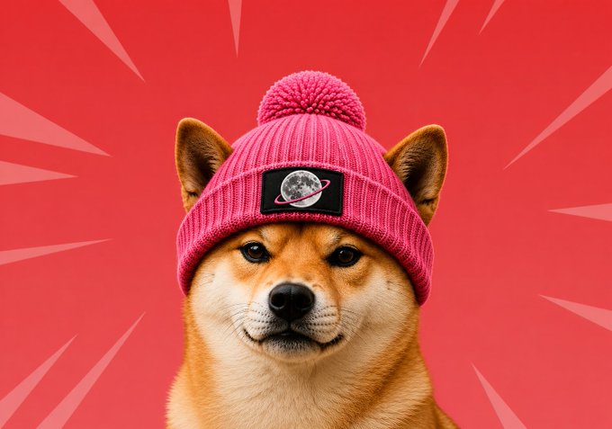 A Shiba Inu dog wearing a pink beanie with a moon patch looks directly at the camera against a vibrant red background with radiating lines.
