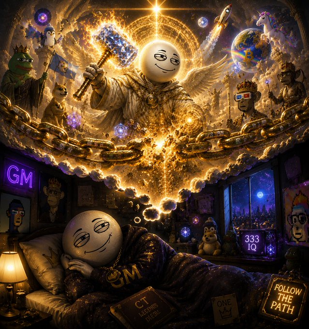 A surreal digital artwork shows a figure with a smiling trollface emoji sleeping in bed, while a celestial version of itself hovers above wielding a diamond-encrusted hammer amid a cosmic, golden dreamscape filled with unicorns, planets, rocket ships, and floating text including "GM," "CT," "333 IQ," "FOLLOW THE PATH," and "ONE." The dreamlike, meme-infused scene reflects the post's playful "good night" message, suggesting the sleeper's imagination has transported them to a fantastical "Otherside."