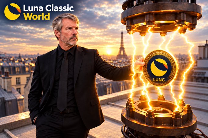 A distinguished man in a black suit stands on a Paris rooftop at sunset, reaching toward a glowing LUNC coin emerging from a high-tech device crackling with electricity, while the "Luna Classic World" logo appears in the upper left corner—imagining Michael Saylor acquiring trillions of $LUNC and driving it toward $1.