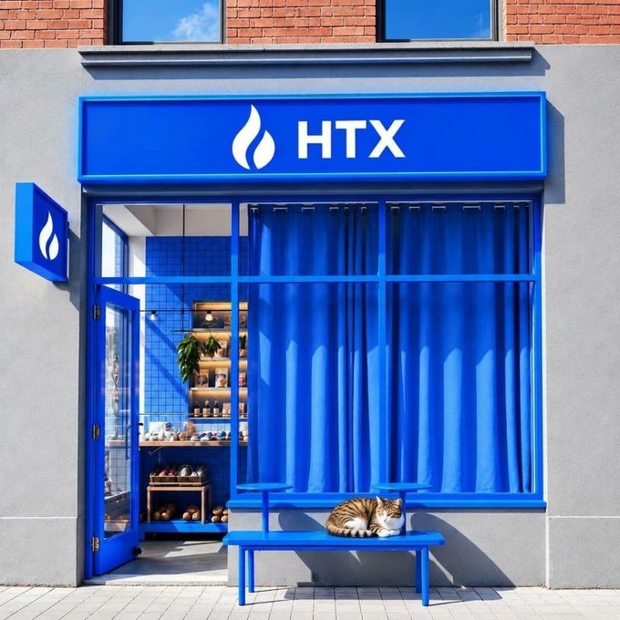 A blue storefront labeled “HTX” has an open glass door, deep-blue curtains, matching window bench, and a cat resting outside. Shelves and decorative objects are visible inside the shop.