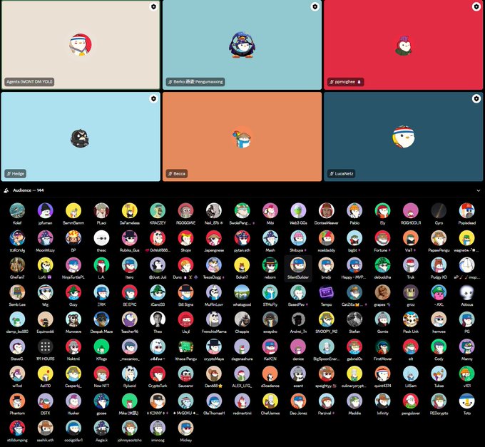 A Discord-style interface displays a grid of participant video tiles at the top and a large audience section below filled with colorful user avatars.