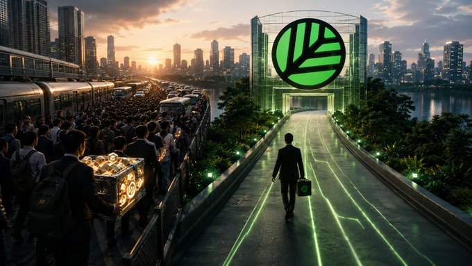 A futuristic cityscape at sunset showing a businessman walking down a glowing green-lit pathway toward a large green leaf logo, symbolizing a corporate or eco-themed company, with crowds of commuters and modern skyscrapers in the background.