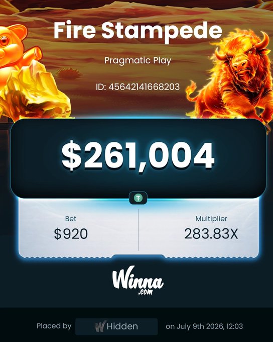 The image showcases a massive $261,004 win on the "Fire Stampede" slot by Pragmatic Play, achieved from a $920 bet with an impressive 283.83X multiplier, perfectly illustrating the post's "$920 in, $261k out" success story. The fiery buffalo imagery reinforces the game's stampede theme that delivered this huge payout on July 9th, 2026.