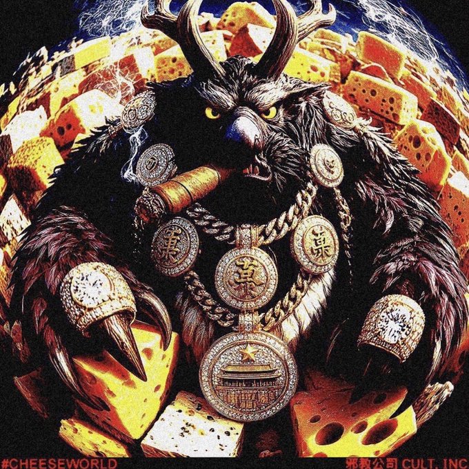 A dark, horned owl adorned with jeweled medallions and gold chains sits smoking a cigar amid a pile of Swiss cheese blocks, with text reading '#CHEESEWORLD' and 'CULT. INC'.