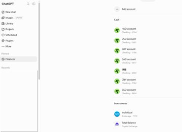 A screenshot of a ChatGPT sidebar interface on the left, with a personal finance dashboard on the right showing multiple checking accounts (HKD, USD, GBP, CAD, CNY, SGD) and crypto balances including Bitcoin and total balance.