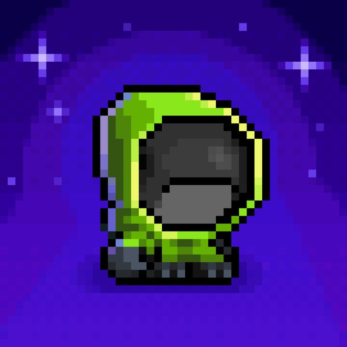 A pixel art illustration of an astronaut figure with a green helmet and suit against a purple starry background, likely representing the "Pixelord" 1/1 NFT referenced in the Hood Clan Toadlers mint announcement for eligible holders.