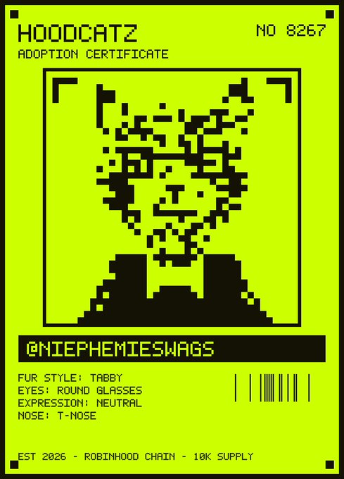 A neon green and black pixelated 'HOODCATZ' NFT adoption certificate (#8267) featuring a tabby cat with round glasses and a T-nose, assigned to @nIEPhEMiESWAGS.