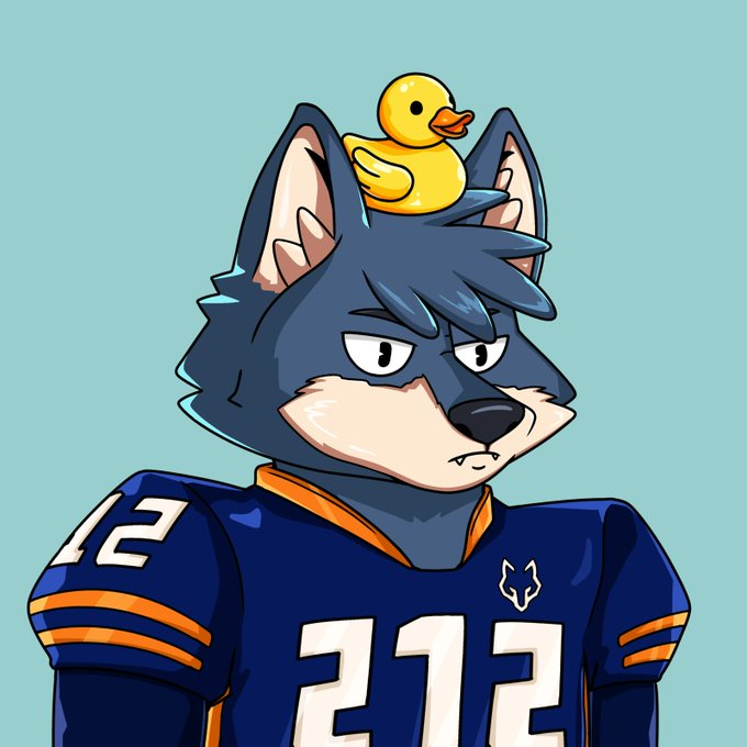 The image features a cartoon wolf wearing a football jersey with the number 212 on it, sitting against a blue background. The caption of the image reads "212 Is The Way to financial freedom, grab you a famous @wolfswapwolfies over @EbisusBay @MintedNetwork @cryptocomnft #212IsTheWay Let's $CRO $PACK $AWoo".