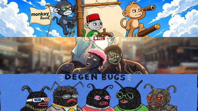 A collage of three NFT projects highlights "MonkeyHood" by @AptosMonkeys (top), featuring a skull-faced character on a pirate ship with monkeys and a "monkey hood" flag, alongside other meme-inspired collections like "Degen Bugs." The post promotes MonkeyHood as a free mint with 7,777 supply, scheduled in OG (1:30 AM GMT+8) and GTD (2:30 AM GMT+8) phases.