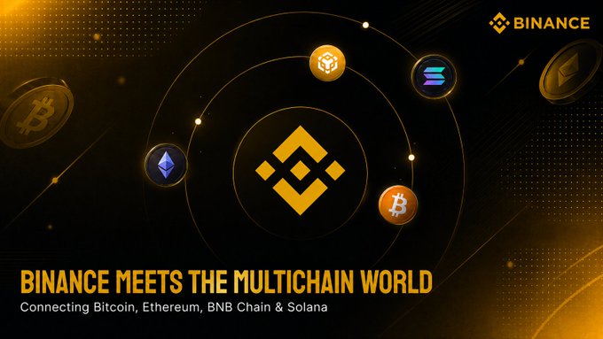 A Binance promotional graphic with the Binance logo and text 'BINANCE MEETS THE MULTICHAIN WORLD' and 'Connecting Bitcoin, Ethereum, BNB Chain & Solana,' surrounded by various crypto coin icons.