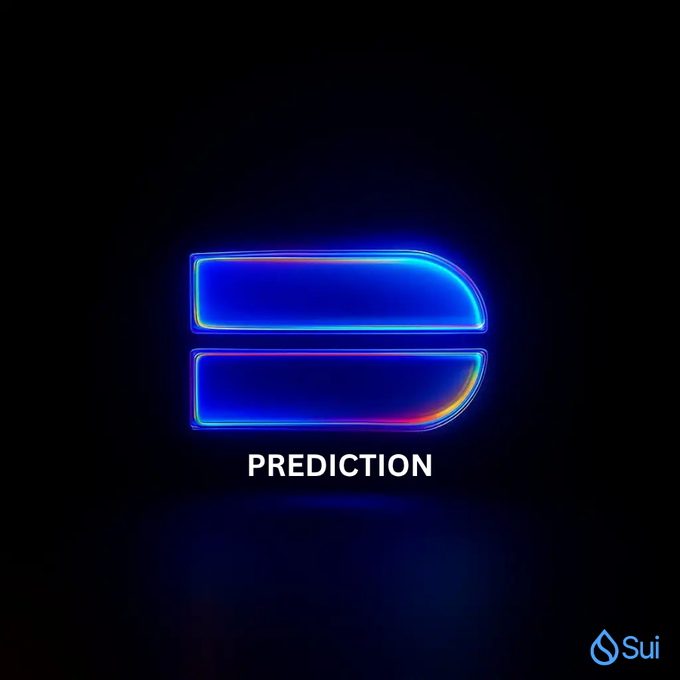 Neon blue stylized equals sign logo with the word "PREDICTION" below it, and the "Sui" logo in the bottom right corner on a black background.