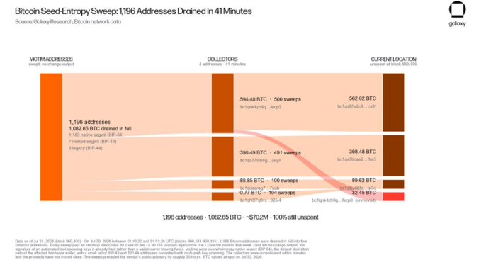This Galaxy Research visualization, titled "Bitcoin Seed-Entropy Sweep: 1196 Addresses Drained in 41 Minutes," illustrates how 1,196 BTC addresses containing a total of 1,082.65 BTC (~$70.2M) were systematically drained through just 4 collectors making 1,161 sweeps, with funds flowing to current locations holding 562.02 BTC, 398.48 BTC, 89.62 BTC, and 32.45 BTC respectively—supporting the claim that this was a coordinated pre-disclosure operation rather than an opportunistic attack, given its speed (41 minutes) and scale (1196 wallets).