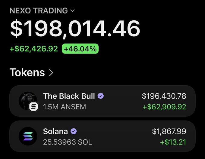 The image shows a Nexo Trading dashboard with a total of $198,014.46, including holdings of "The Black Bull" and 25.53963 SOL (Solana). This image supports the accompanying post about sending out airdrops, particularly mentioning Solana.