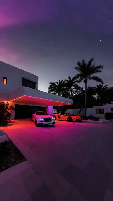 A modern luxury home at night with pink and orange lighting, palm trees, and two luxury cars parked in the driveway under a purple starry sky.