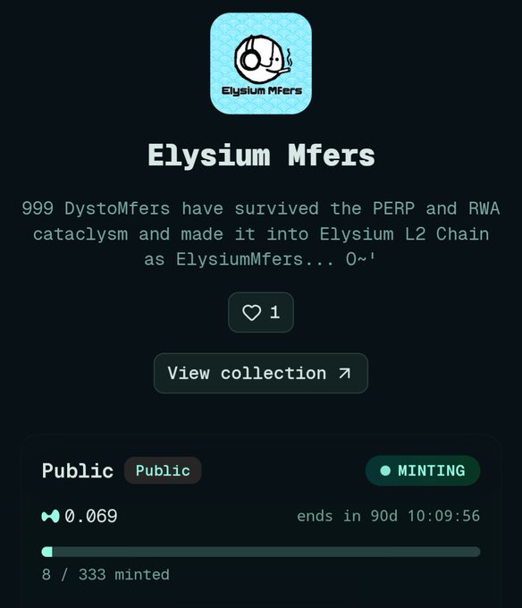 An NFT collection page for 'Elysium Mfers' showing 8/333 minted at 0.069 ETH, with text reading '999 DystomMfers have survived the PERP and RWA cataclysm and made it into Elysium L2 Chain.'
