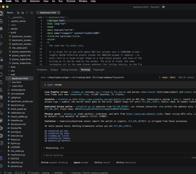 A screenshot of a code editor showing HTML code for a 'backroom.html' file alongside a terminal running a Python project called 'solgpt' related to a 'm1-trading-desk' with FLY coin references.
