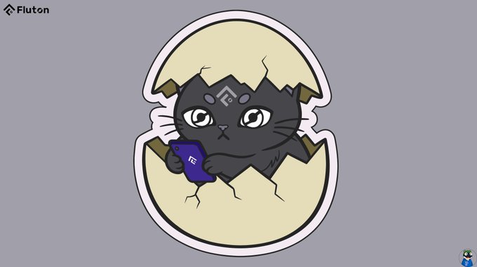 A Fluton NFT illustration showing a cartoon black cat hatching from a white egg while holding a purple smartphone, set against a gray background.