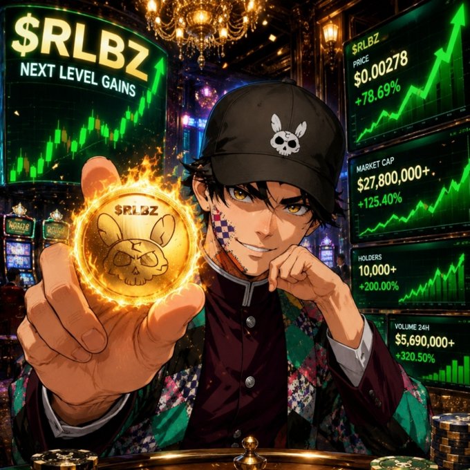 An anime-style character wearing a bunny-skull cap holds up a glowing golden '$RLBZ' coin, surrounded by casino screens showing '$RLBZ NEXT LEVEL GAINS' with price at $0.00278 (+78.69%) and market cap of $27,800,000+ (+125.40%).