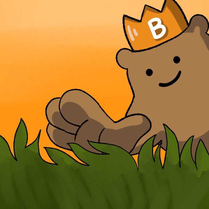 Cheerful cartoon brown bear wearing an orange crown with the letter 'B', emerging from grass against an orange sunset background.