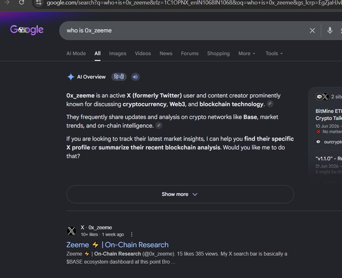 A Google search results page displaying the query "who is 0x_zeeme," with an AI Overview describing 0x_zeeme as an active X (formerly Twitter) user and content creator known for discussing cryptocurrency, Web3, and blockchain technology, particularly related to the @base network and $BASE. The post celebrates being recognized by Google's AI Overview, marking the creator's journey from 0 followers to being acknowledged by Google.