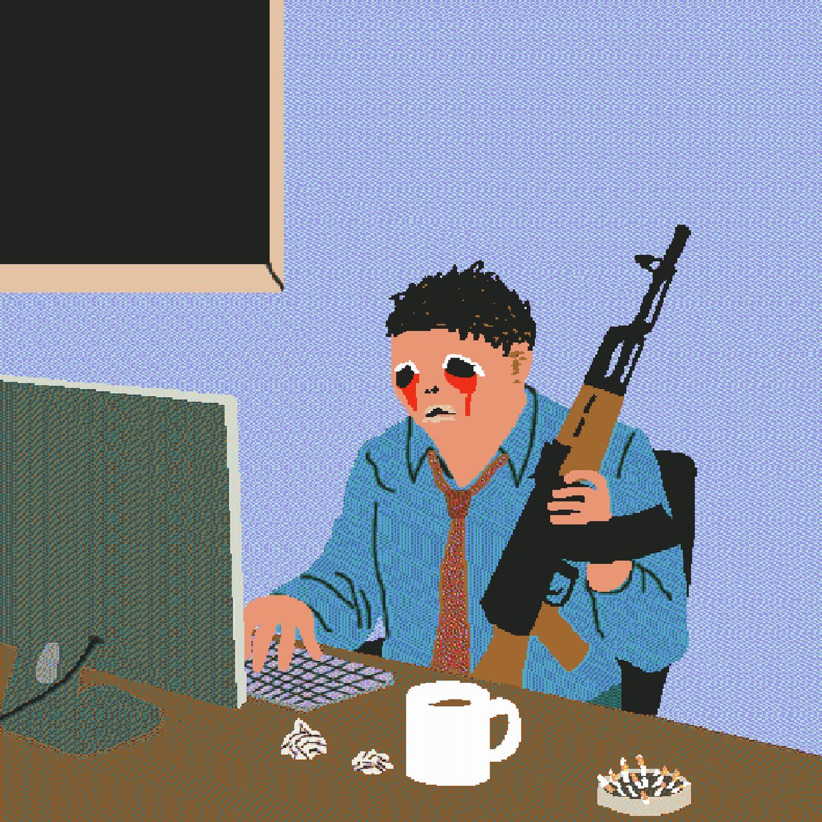 The image features a man sitting at a desk with a computer, holding a gun over his shoulder while using a keyboard. The scene also includes a cup of coffee, a cigarette, and some papers scattered around him. The background shows a blue wall with a window on it. The caption to the image reads "Gm Freedom of speech 1/10 0.008 ETH".